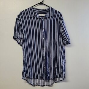 Jack Tailor Mens Large Blue White Vertical Striped Short Sleeve Button Up Shirt